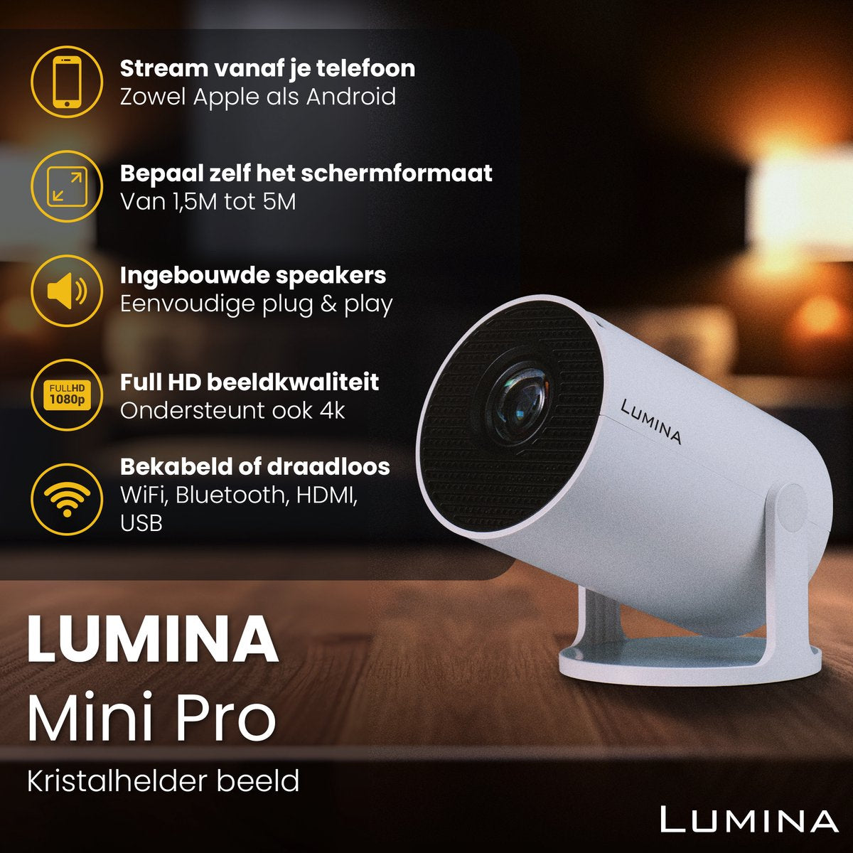 Novabeam® Pro Mini Beamer 2025 – Smart Projector met 4K-ondersteuning – Voor iOS & Android - Android 14 - WiFi 6 & Bluetooth 5.4 – Thuisbioscoop – Wit