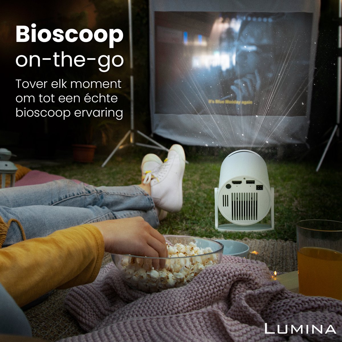 Novabeam® Pro Mini Beamer 2025 – Smart Projector met 4K-ondersteuning – Voor iOS & Android - Android 14 - WiFi 6 & Bluetooth 5.4 – Thuisbioscoop – Wit