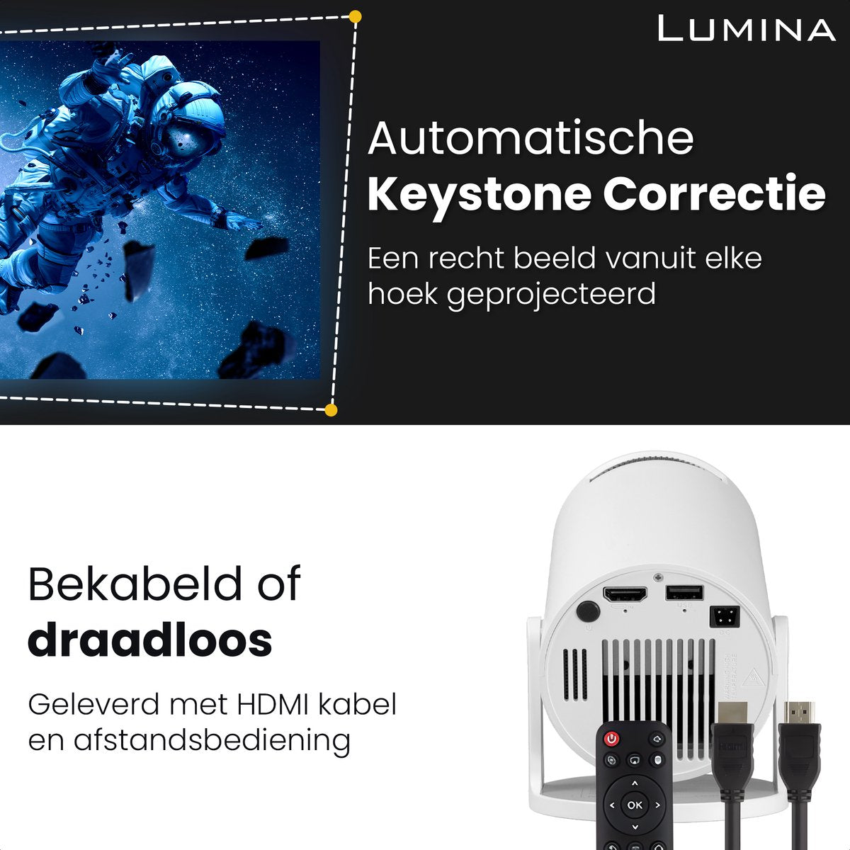 Novabeam® Pro Mini Beamer 2025 – Smart Projector met 4K-ondersteuning – Voor iOS & Android - Android 14 - WiFi 6 & Bluetooth 5.4 – Thuisbioscoop – Wit