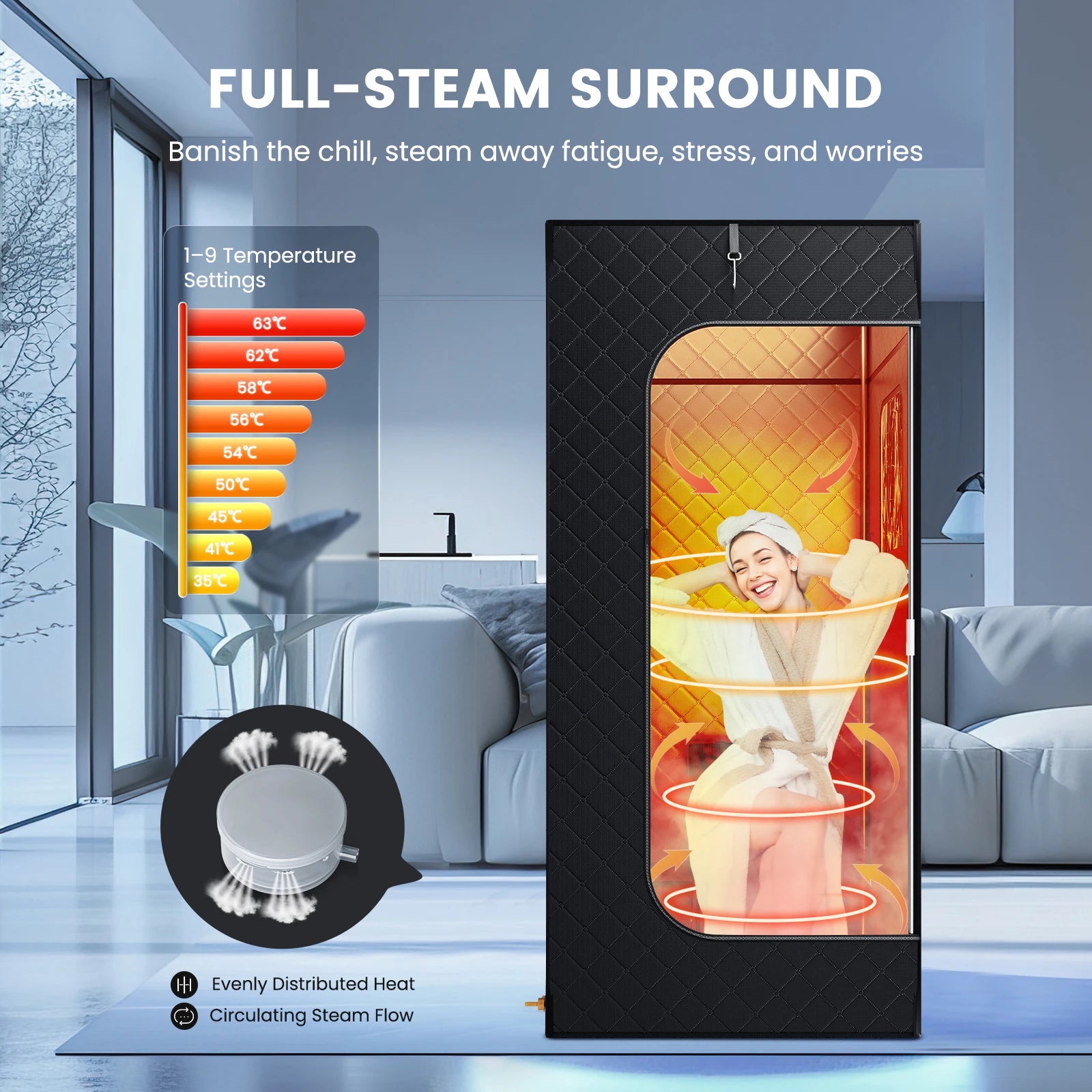 1000W Full Body Home Steam Sauna Set 3L Large Steam Pot One Person Sauna Spa with Time Temperature Remote Control Detox Therapy
